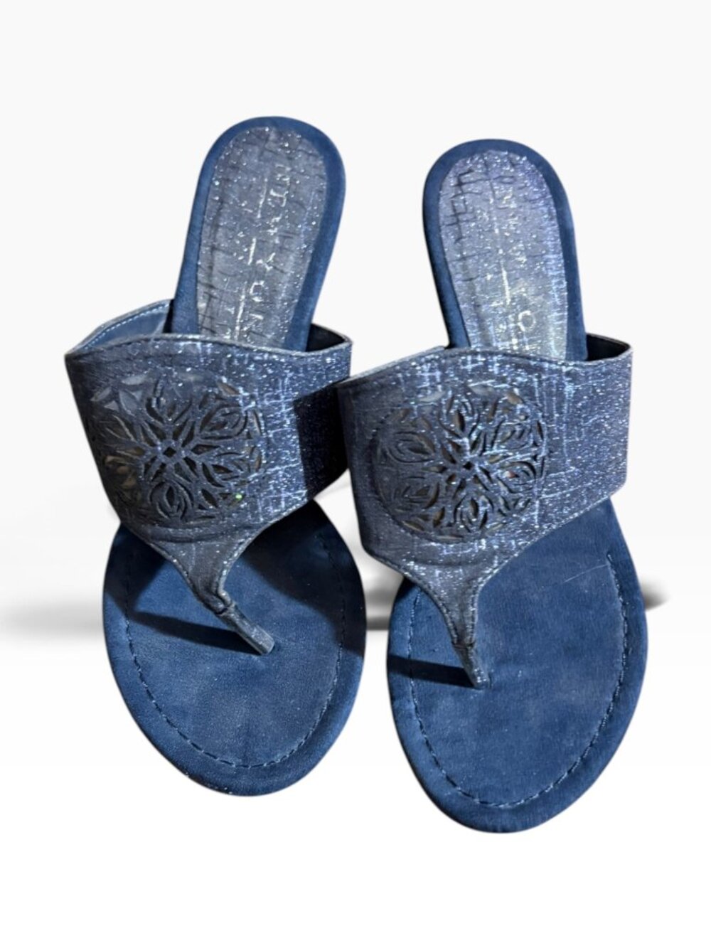 New York Transit Blue Glitter Wedge Sandals – Size 10W